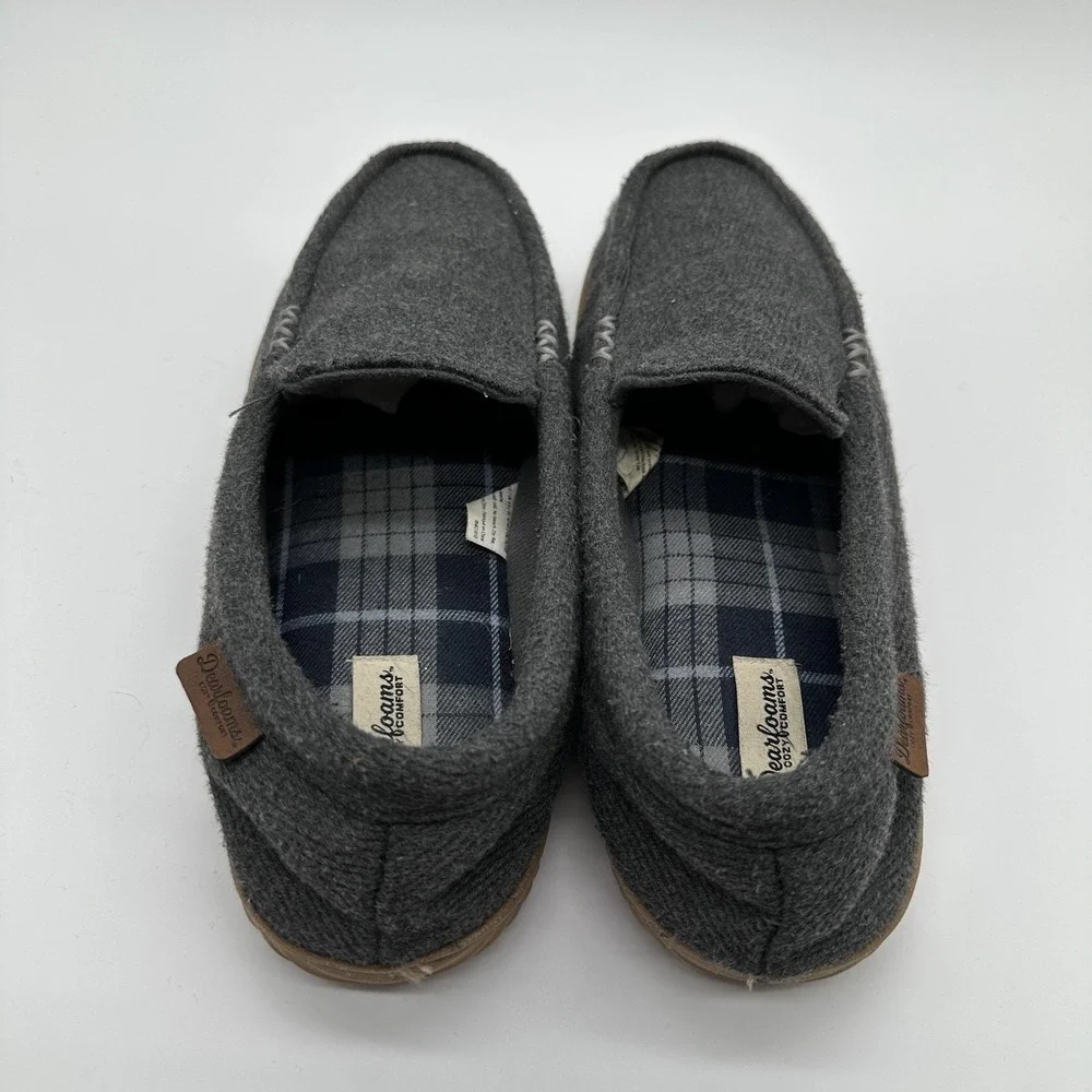 Dearfoams Slippers Mens 9-10 Gray Cozy Comfort Moccasin Plaid Lined Slip On